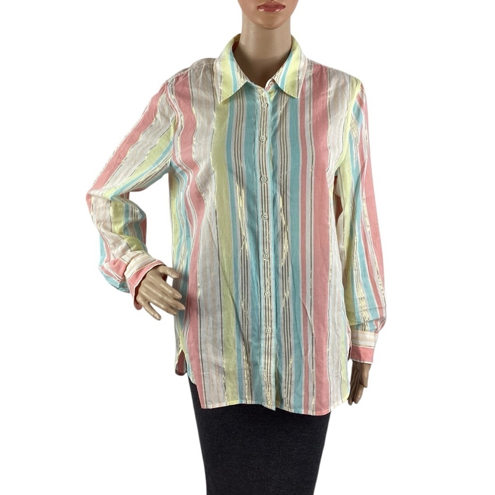 Talbots Pastel Striped Metallic Cotton Button Front Shirt Size M
